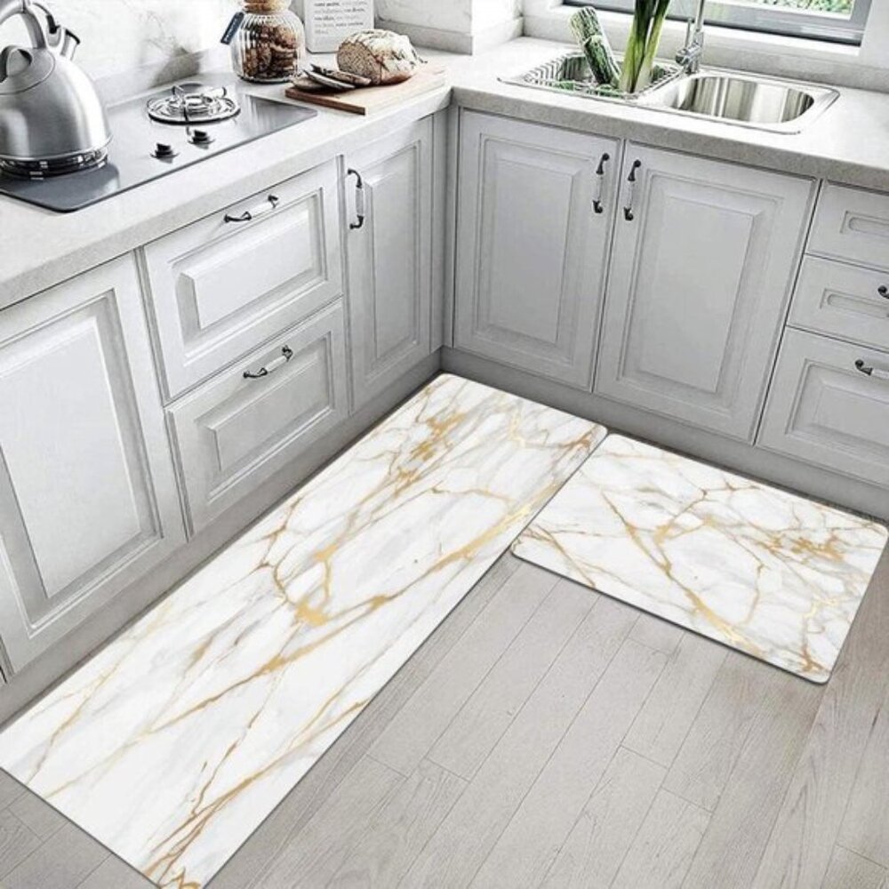 New 2 PCS Marble Kitchen Mats PVC Non Slip Waterproof Kitchen Mats - Picture 1 of 6